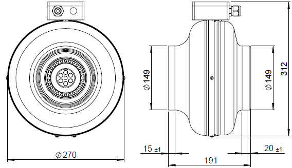 Габаритные размеры канального вентилятора Ruck RS 150 L