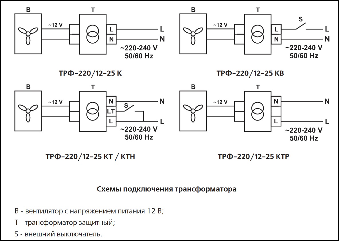 Схема подключения трансформатора разделительного ВЕНТС ТРФ-220/12-25 К