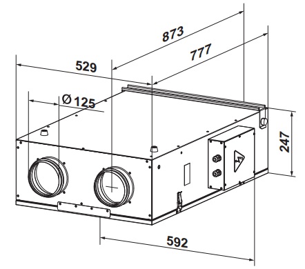 Габаритные размеры приточно-вытяжной установки ВЕНТС ВУЭ2 150 П ЕС КОМФО