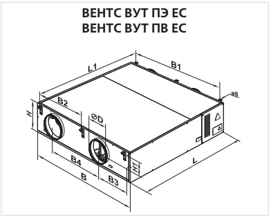 Габаритные размеры приточно-вытяжной установки ВЕНТС ВУТ 1000 ПВ ЕС